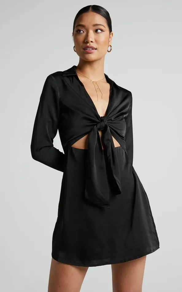 Showpo Varvey Mini Dress 8211 Tie Front Long Sleeve Dress In Black Women Dresses