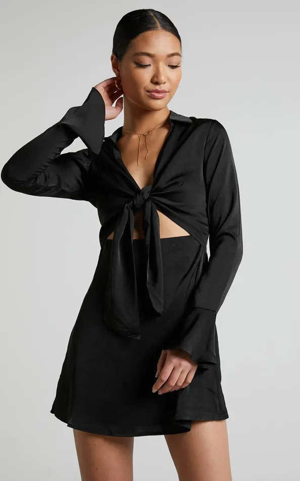 Showpo Varvey Mini Dress 8211 Tie Front Long Sleeve Dress In Black Women Dresses