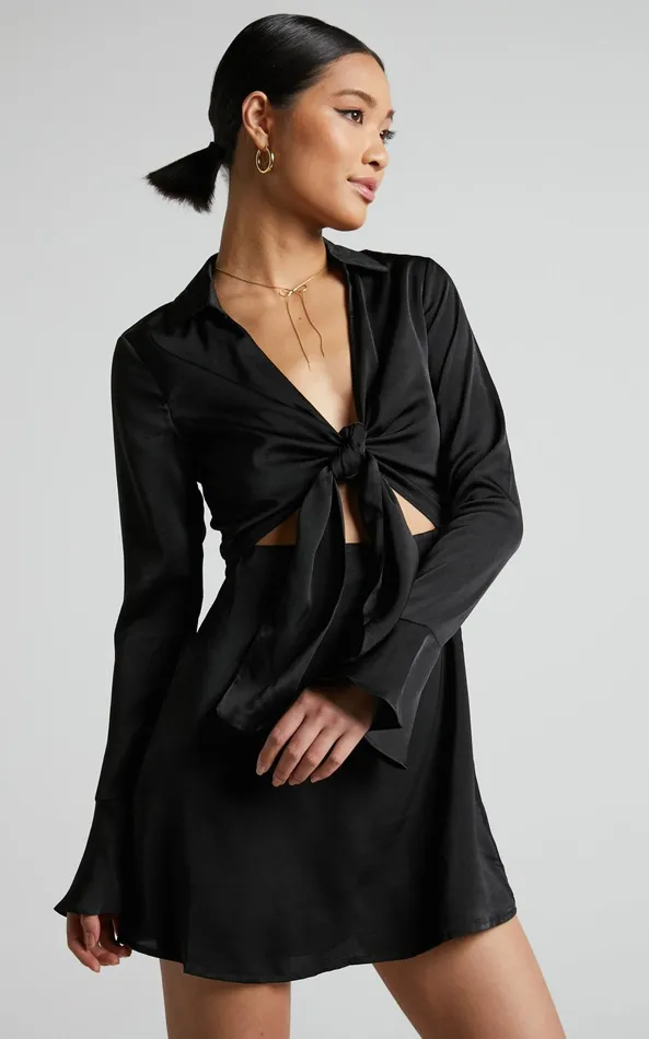 Showpo Varvey Mini Dress 8211 Tie Front Long Sleeve Dress In Black Women Dresses