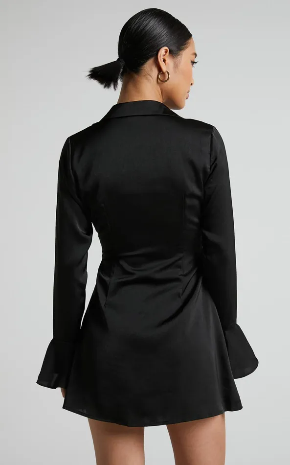Showpo Varvey Mini Dress 8211 Tie Front Long Sleeve Dress In Black Women Dresses