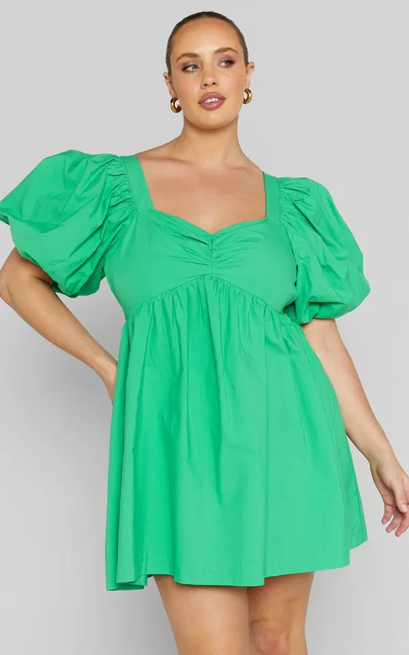 Showpo Vashti Mini Dress 8211 Puff Sleeve Sweetheart Dress In Green Women Curve Clothes