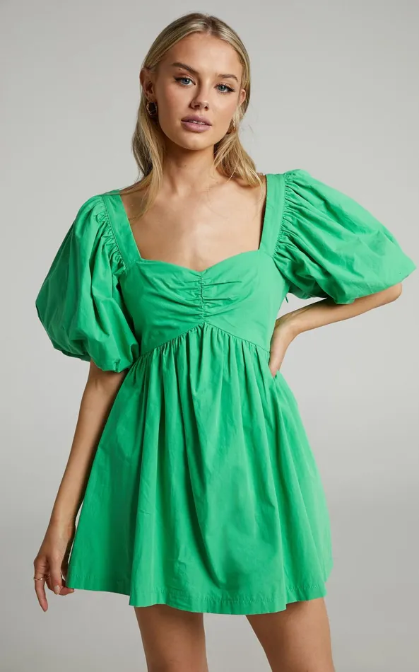 Showpo Vashti Mini Dress 8211 Puff Sleeve Sweetheart Dress In Green Women Curve Clothes