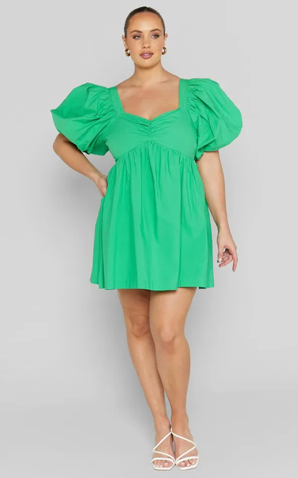 Showpo Vashti Mini Dress 8211 Puff Sleeve Sweetheart Dress In Green Women Curve Clothes