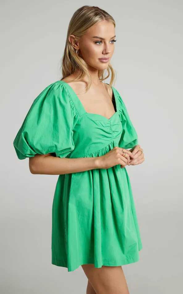 Showpo Vashti Mini Dress 8211 Puff Sleeve Sweetheart Dress In Green Women Curve Clothes