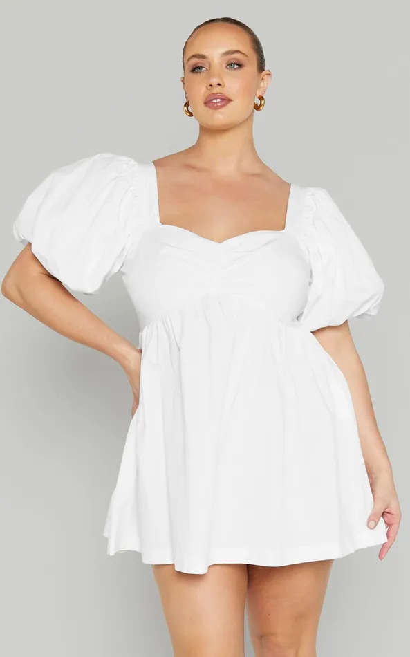 Showpo Vashti Mini Dress 8211 Puff Sleeve Sweetheart Dress In Off White Women Curve Clothes