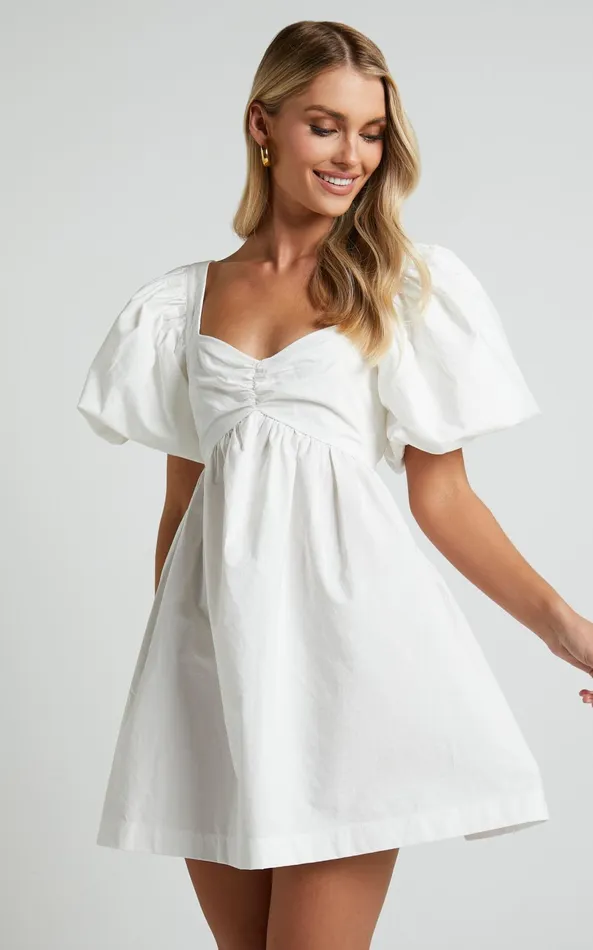 Showpo Vashti Mini Dress 8211 Puff Sleeve Sweetheart Dress In Off White Women Curve Clothes