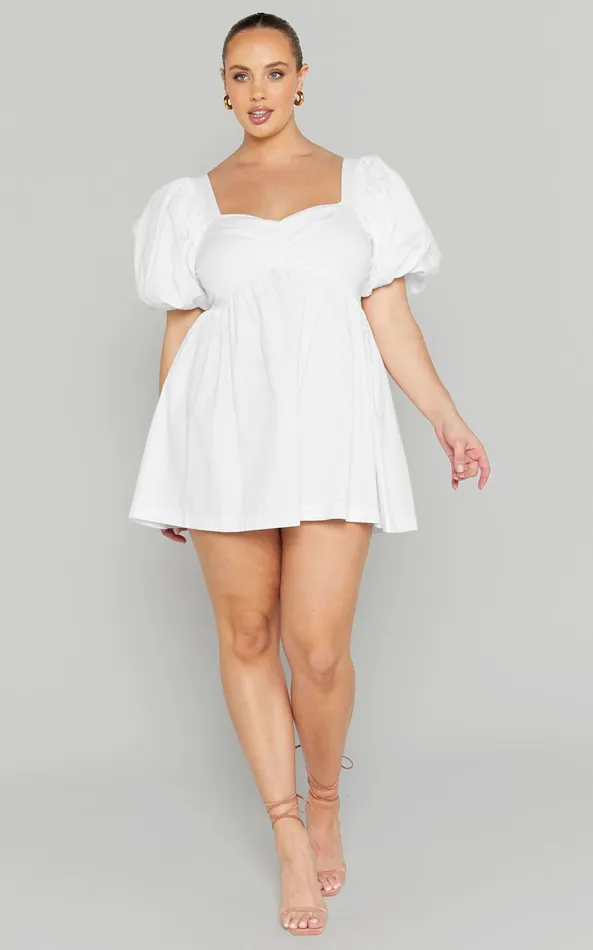 Showpo Vashti Mini Dress 8211 Puff Sleeve Sweetheart Dress In Off White Women Curve Clothes