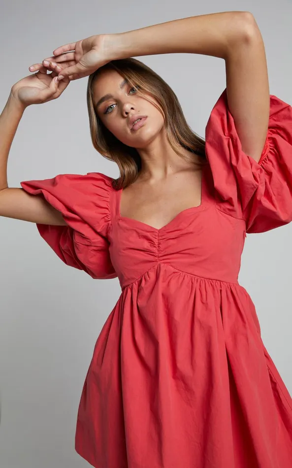 Showpo Vashti Mini Dress 8211 Puff Sleeve Sweetheart Dress In Red Women Curve Clothes