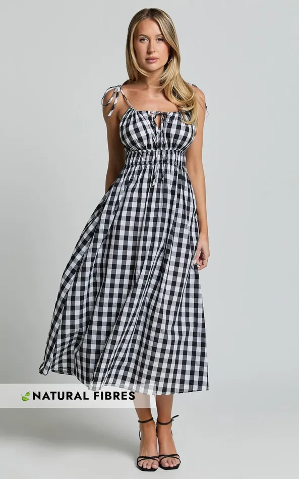 Showpo Vela Midi Dress 8211 Strappy Tie Shoulder Elasticated Waist Dress In Black And White Gingham Women Dresses Showpo Vela Midi Dress 8211 Strappy Tie Shoulder Elasticated Waist Dress In Black And White Gingham Women Dresses