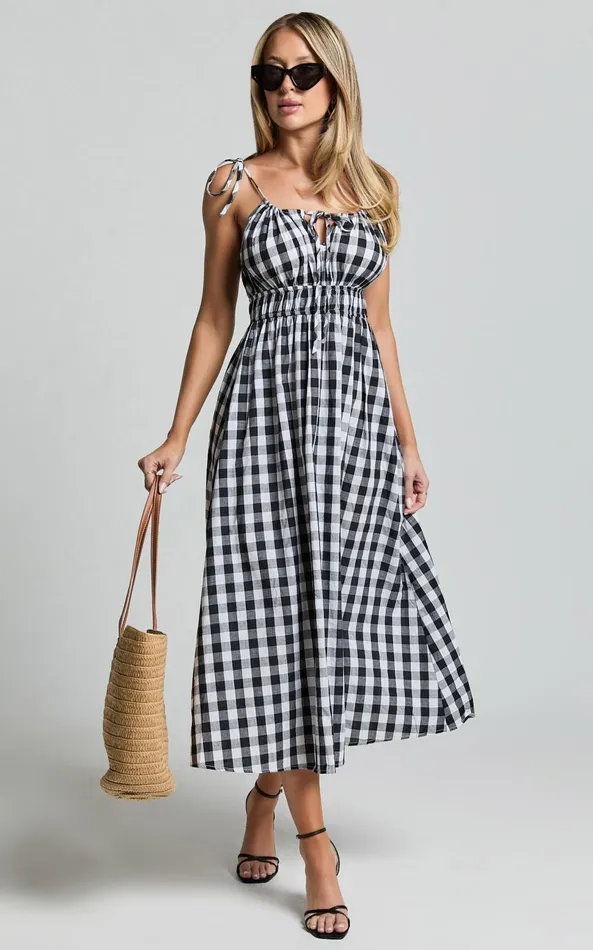 Showpo Vela Midi Dress 8211 Strappy Tie Shoulder Elasticated Waist Dress In Black And White Gingham Women Dresses