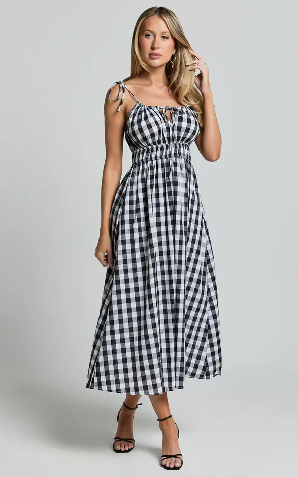Showpo Vela Midi Dress 8211 Strappy Tie Shoulder Elasticated Waist Dress In Black And White Gingham Women Dresses