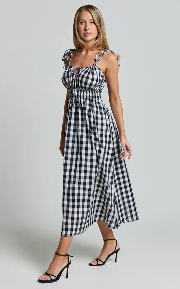 Showpo Vela Midi Dress 8211 Strappy Tie Shoulder Elasticated Waist Dress In Black And White Gingham Women Dresses