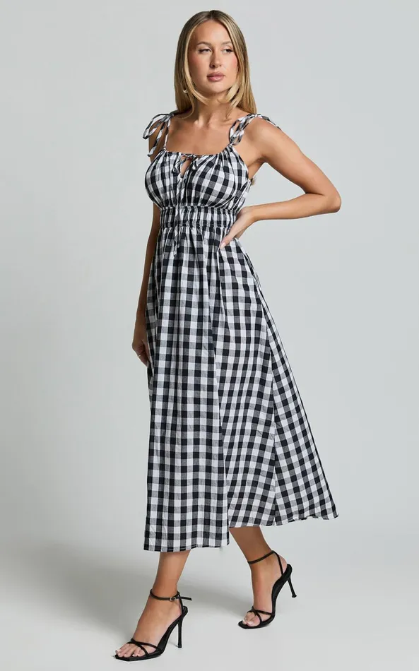 Showpo Vela Midi Dress 8211 Strappy Tie Shoulder Elasticated Waist Dress In Black And White Gingham Women Dresses