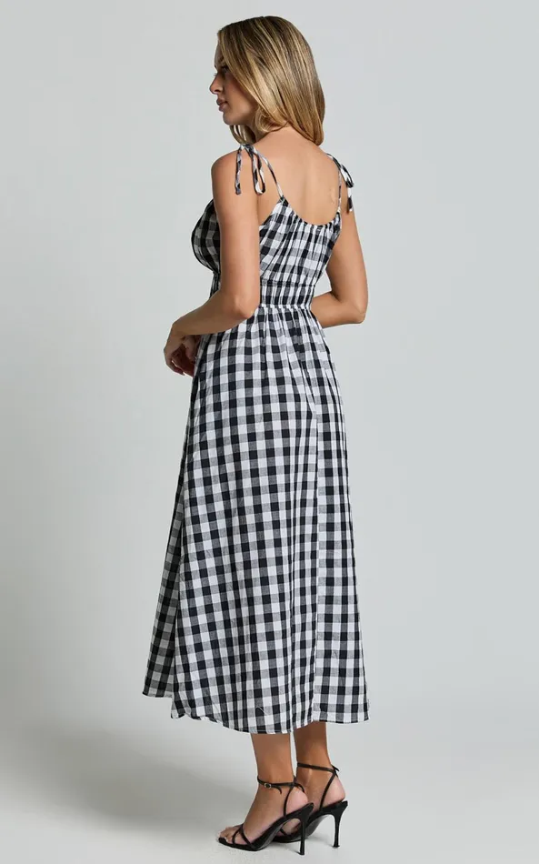 Showpo Vela Midi Dress 8211 Strappy Tie Shoulder Elasticated Waist Dress In Black And White Gingham Women Dresses
