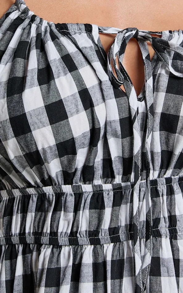 Showpo Vela Midi Dress 8211 Strappy Tie Shoulder Elasticated Waist Dress In Black And White Gingham Women Dresses