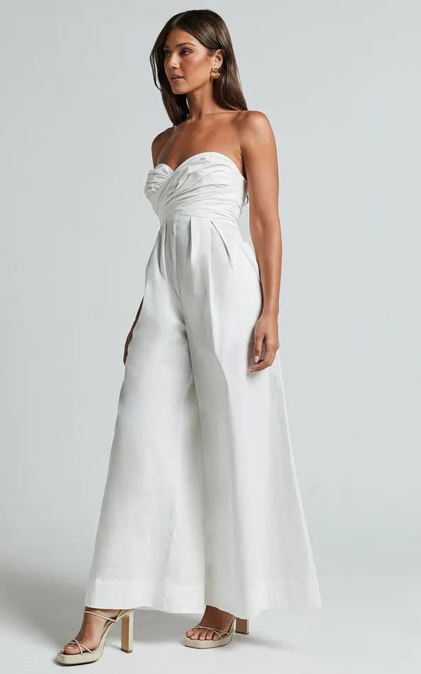 Showpo Velia Jumpsuit 8211 Strapless Ruched Bodice Wide Leg Jumpsuit In White Women Jumpsuits