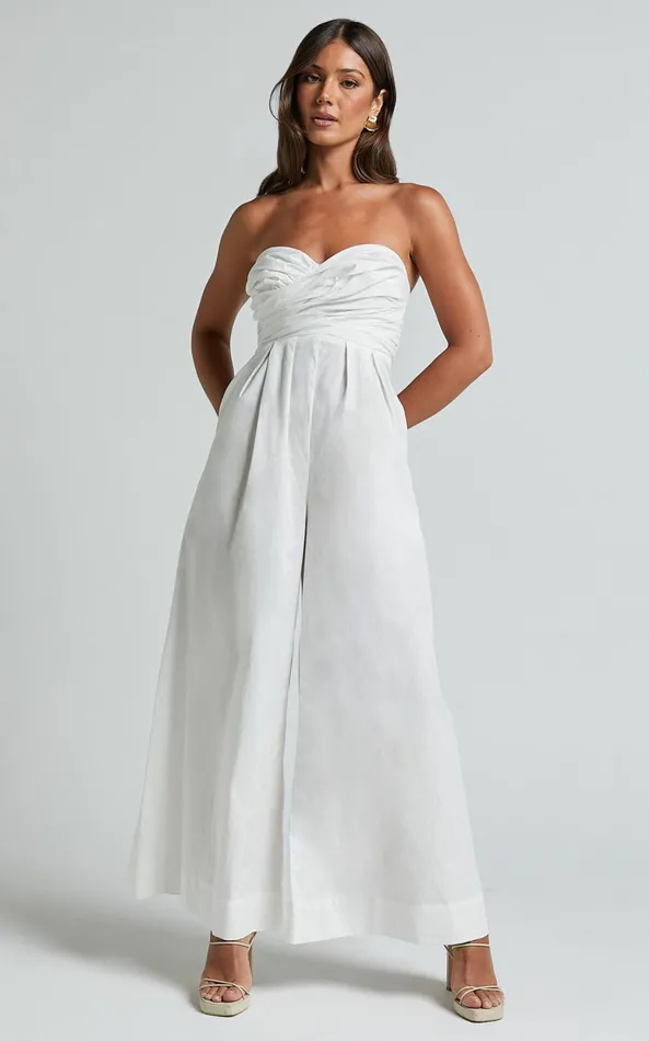 Showpo Velia Jumpsuit 8211 Strapless Ruched Bodice Wide Leg Jumpsuit In White Women Jumpsuits