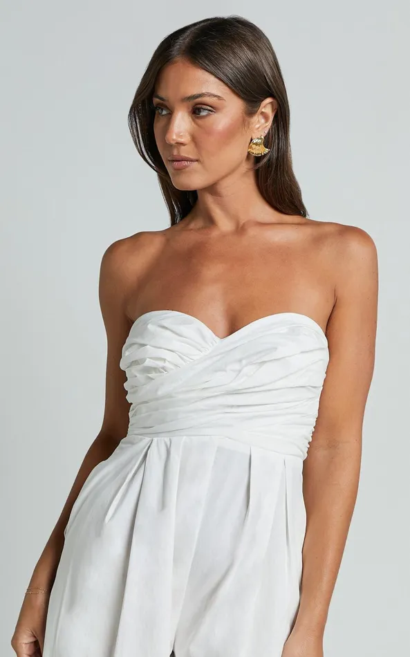 Showpo Velia Jumpsuit 8211 Strapless Ruched Bodice Wide Leg Jumpsuit In White Women Jumpsuits