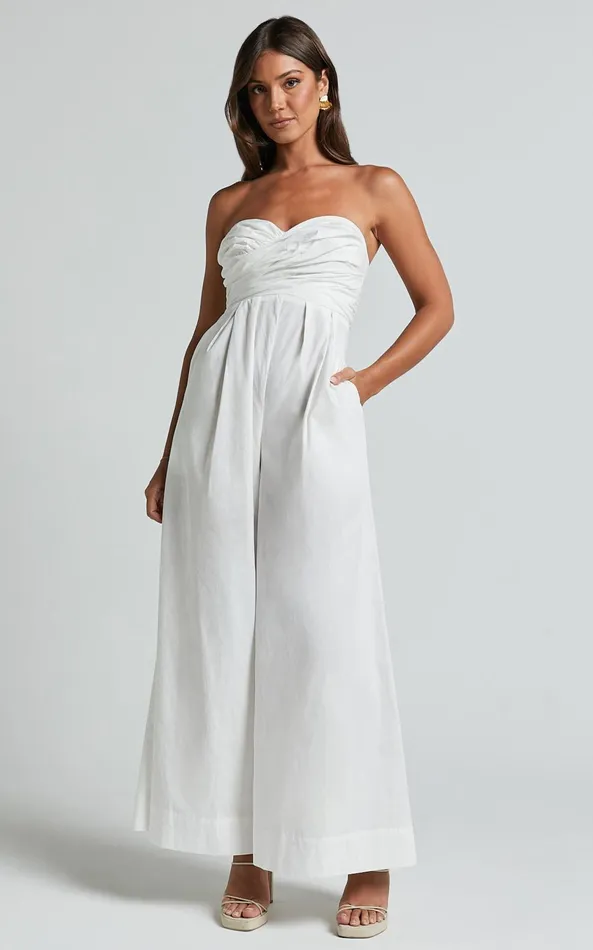 Showpo Velia Jumpsuit 8211 Strapless Ruched Bodice Wide Leg Jumpsuit In White Women Jumpsuits
