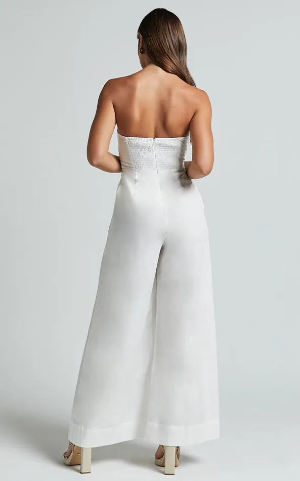 Showpo Velia Jumpsuit 8211 Strapless Ruched Bodice Wide Leg Jumpsuit In White Women Jumpsuits
