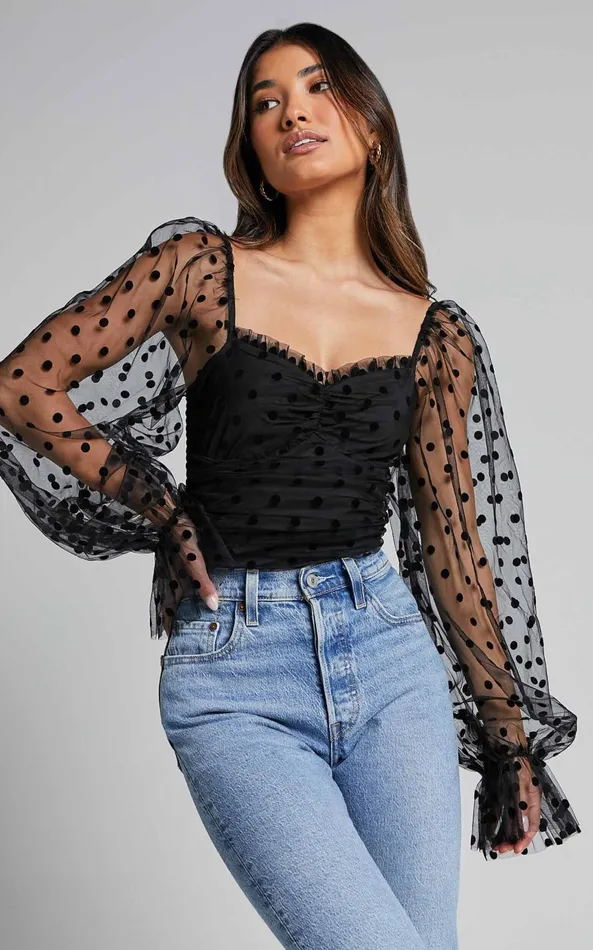 Showpo Venetia Bodysuit 8211 Long Sleeve Spot Mesh Bodysuit In Black Spot Women Curve Clothes