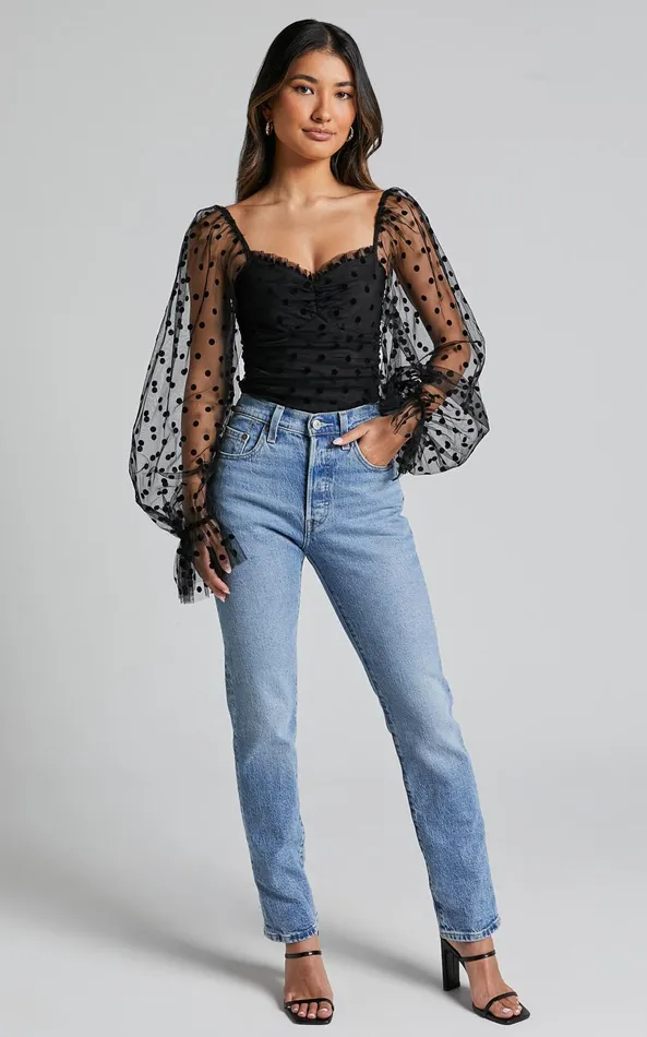 Showpo Venetia Bodysuit 8211 Long Sleeve Spot Mesh Bodysuit In Black Spot Women Curve Clothes