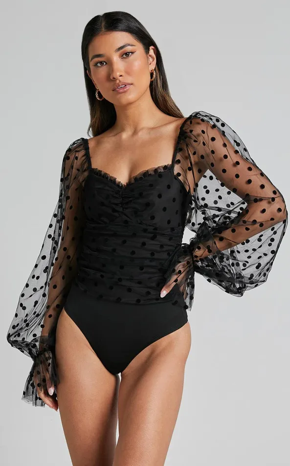 Showpo Venetia Bodysuit 8211 Long Sleeve Spot Mesh Bodysuit In Black Spot Women Curve Clothes