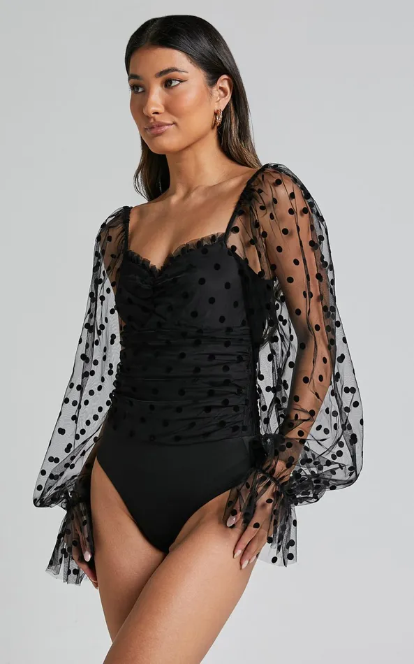 Showpo Venetia Bodysuit 8211 Long Sleeve Spot Mesh Bodysuit In Black Spot Women Curve Clothes