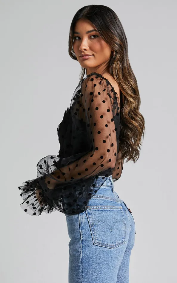 Showpo Venetia Bodysuit 8211 Long Sleeve Spot Mesh Bodysuit In Black Spot Women Curve Clothes