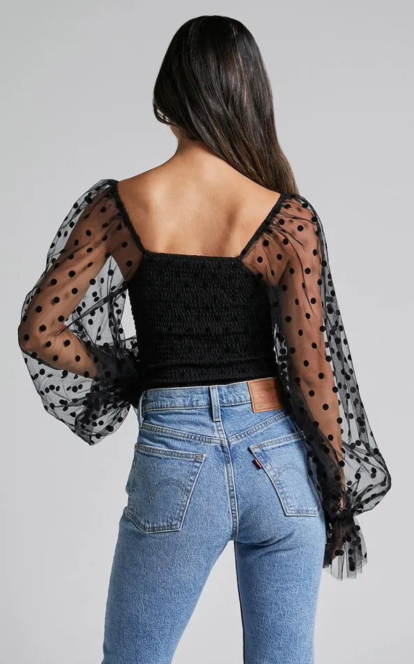 Showpo Venetia Bodysuit 8211 Long Sleeve Spot Mesh Bodysuit In Black Spot Women Curve Clothes