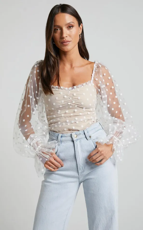 Showpo Venetia Bodysuit 8211 Long Sleeve Spot Mesh Bodysuit In White Spot Women Tops