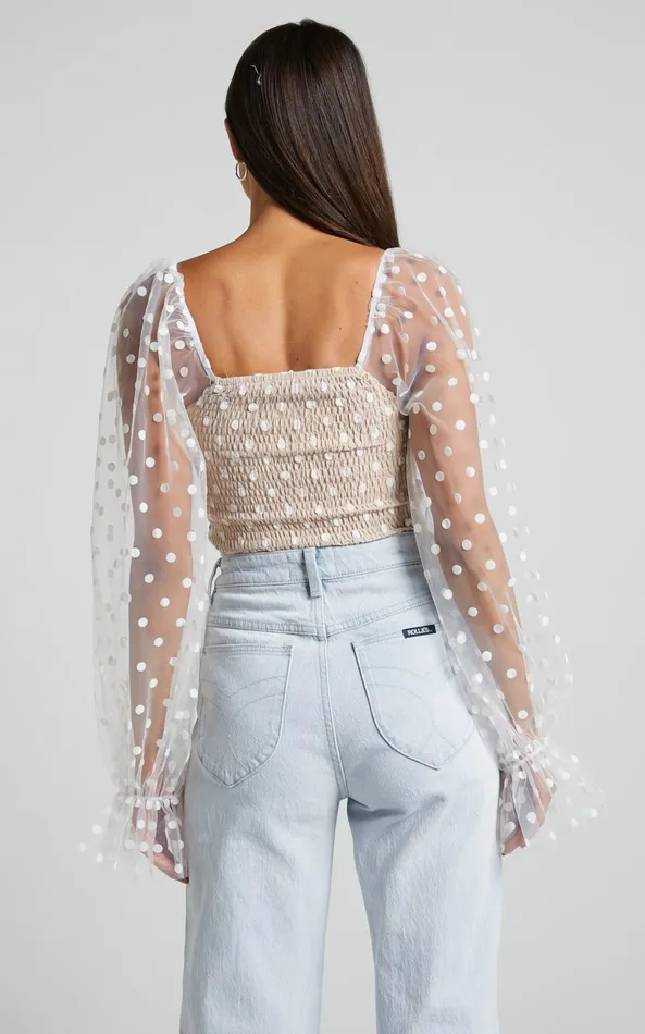 Showpo Venetia Bodysuit 8211 Long Sleeve Spot Mesh Bodysuit In White Spot Women Tops