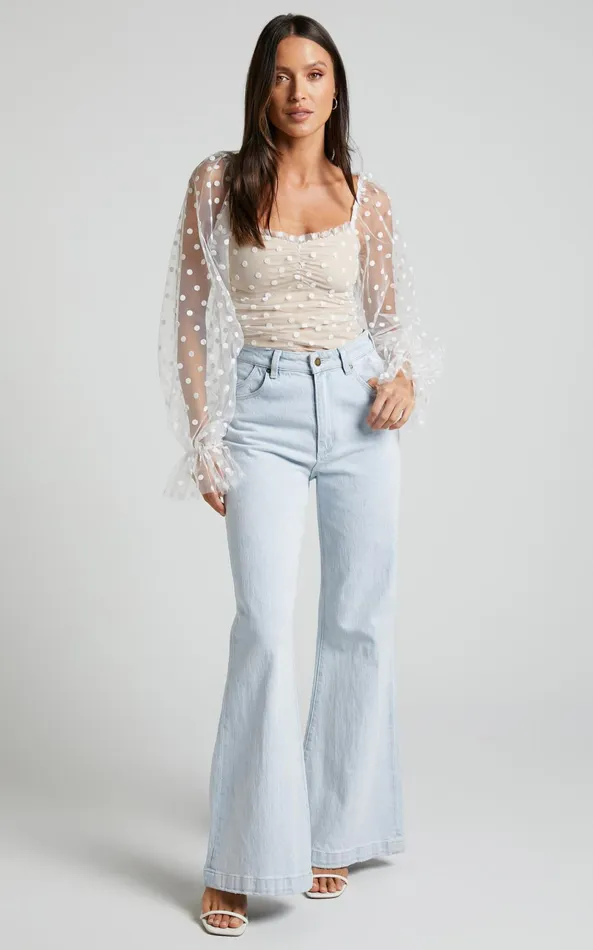 Showpo Venetia Bodysuit 8211 Long Sleeve Spot Mesh Bodysuit In White Spot Women Tops