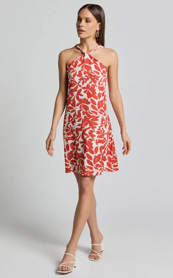 Showpo Vicki Mini Dress 8211 Halter Neck A Line Dress In Red Leaf Print Women Dresses