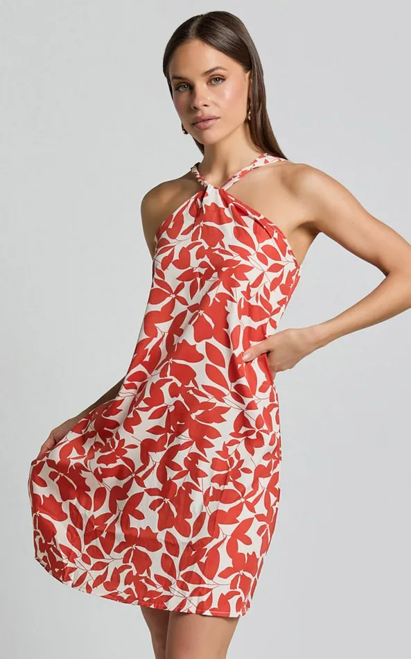 Showpo Vicki Mini Dress 8211 Halter Neck A Line Dress In Red Leaf Print Women Dresses