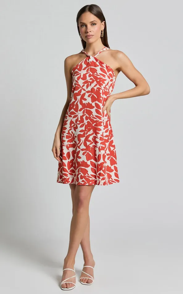 Showpo Vicki Mini Dress 8211 Halter Neck A Line Dress In Red Leaf Print Women Dresses