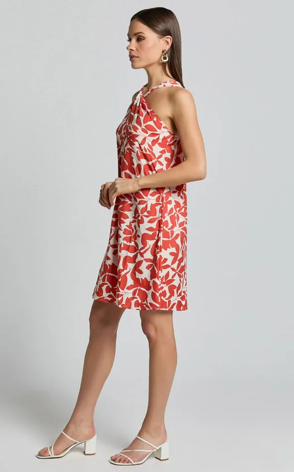 Showpo Vicki Mini Dress 8211 Halter Neck A Line Dress In Red Leaf Print Women Dresses