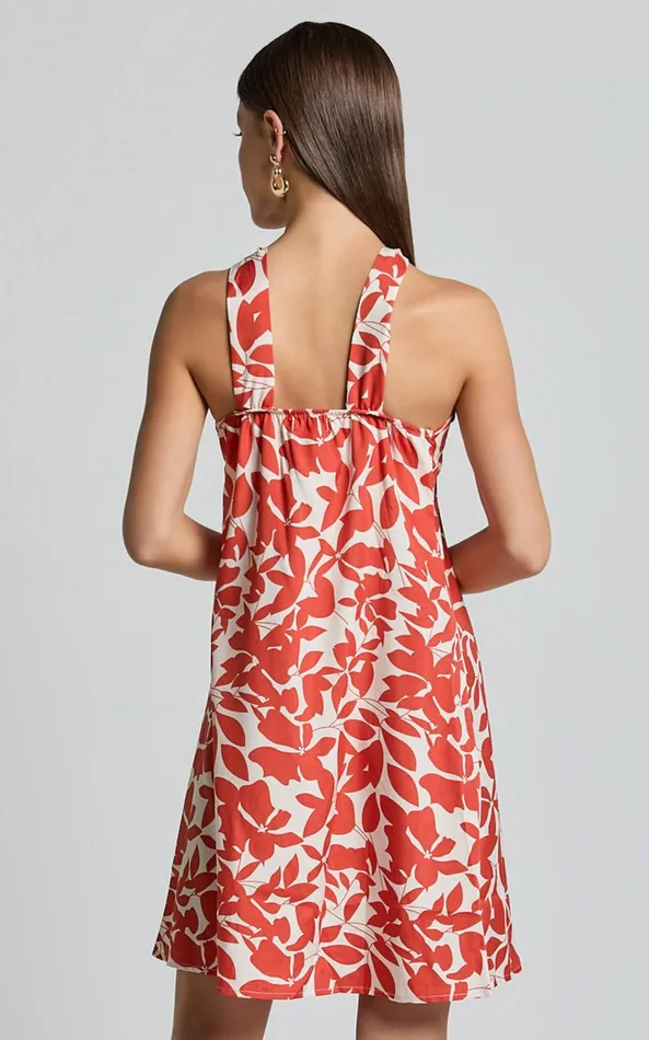 Showpo Vicki Mini Dress 8211 Halter Neck A Line Dress In Red Leaf Print Women Dresses