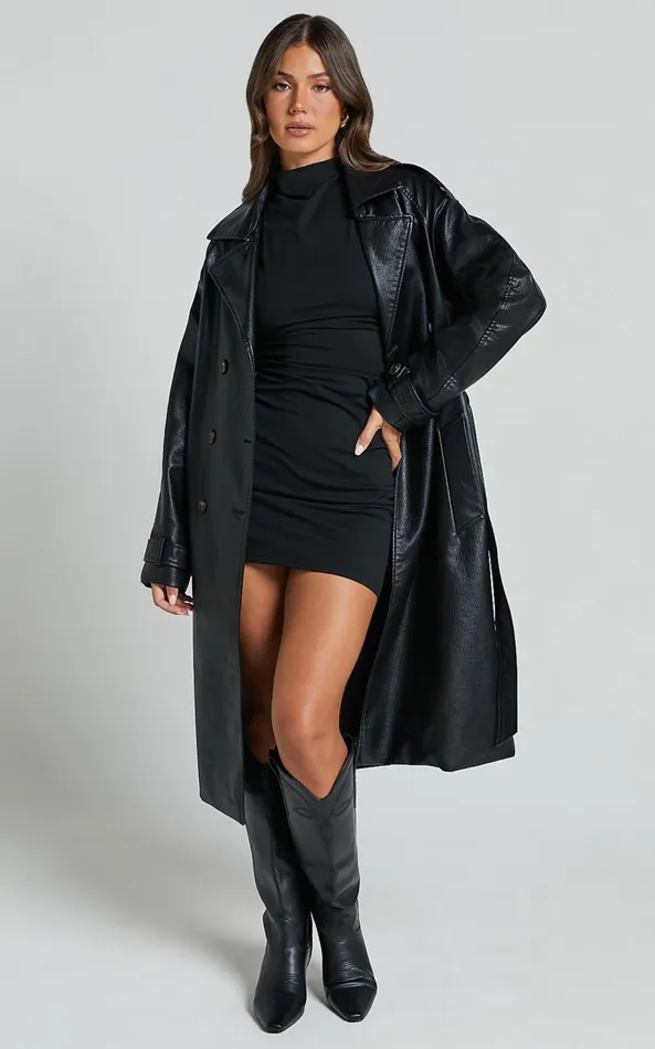 Showpo Vicki Trench Coat 8211 Faux Leather Washed Trench Coat In Black Women Jackets and Coats