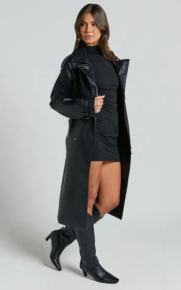 Showpo Vicki Trench Coat 8211 Faux Leather Washed Trench Coat In Black Women Jackets and Coats
