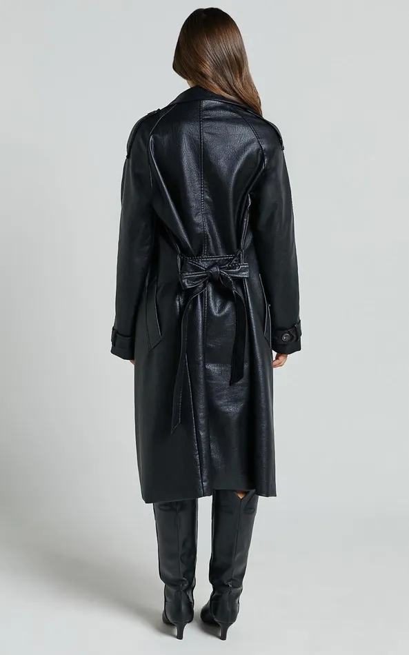Showpo Vicki Trench Coat 8211 Faux Leather Washed Trench Coat In Black Women Jackets and Coats
