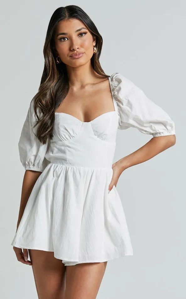 Showpo Vicky Playsuit 8211 Sweetheart Short Puff Sleeve Tie Back In White Women Rompers