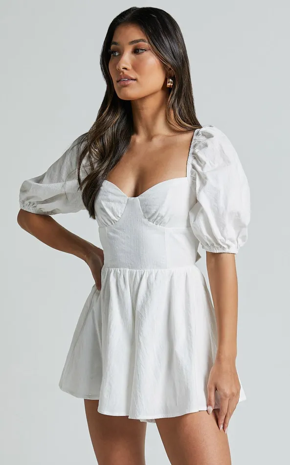 Showpo Vicky Playsuit 8211 Sweetheart Short Puff Sleeve Tie Back In White Women Rompers