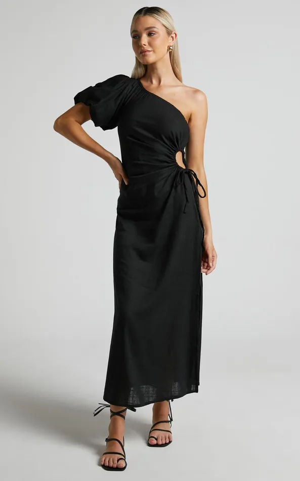 Showpo Victoria Midi Dress 8211 Linen Look One Shoulder Puff Sleeve Cut Out Dress In Black Women Dresses Showpo Victoria Midi Dress 8211 Linen Look One Shoulder Puff Sleeve Cut Out Dress In Black Women Dresses