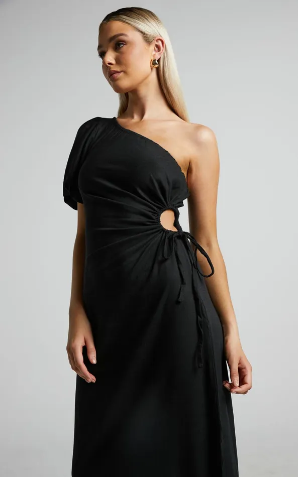 Showpo Victoria Midi Dress 8211 Linen Look One Shoulder Puff Sleeve Cut Out Dress In Black Women Dresses Showpo Victoria Midi Dress 8211 Linen Look One Shoulder Puff Sleeve Cut Out Dress In Black Women Dresses