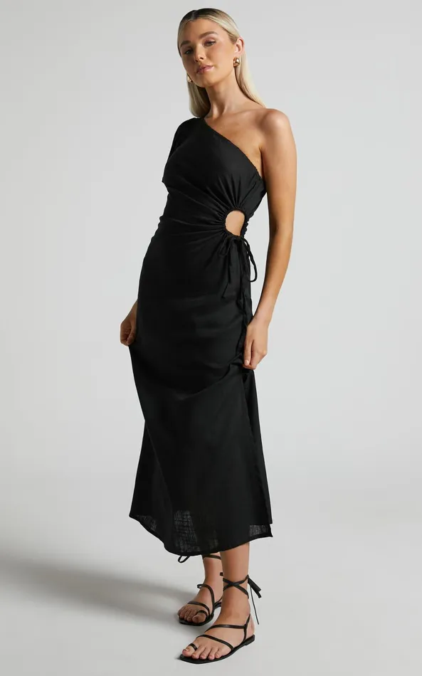 Showpo Victoria Midi Dress 8211 Linen Look One Shoulder Puff Sleeve Cut Out Dress In Black Women Dresses Showpo Victoria Midi Dress 8211 Linen Look One Shoulder Puff Sleeve Cut Out Dress In Black Women Dresses