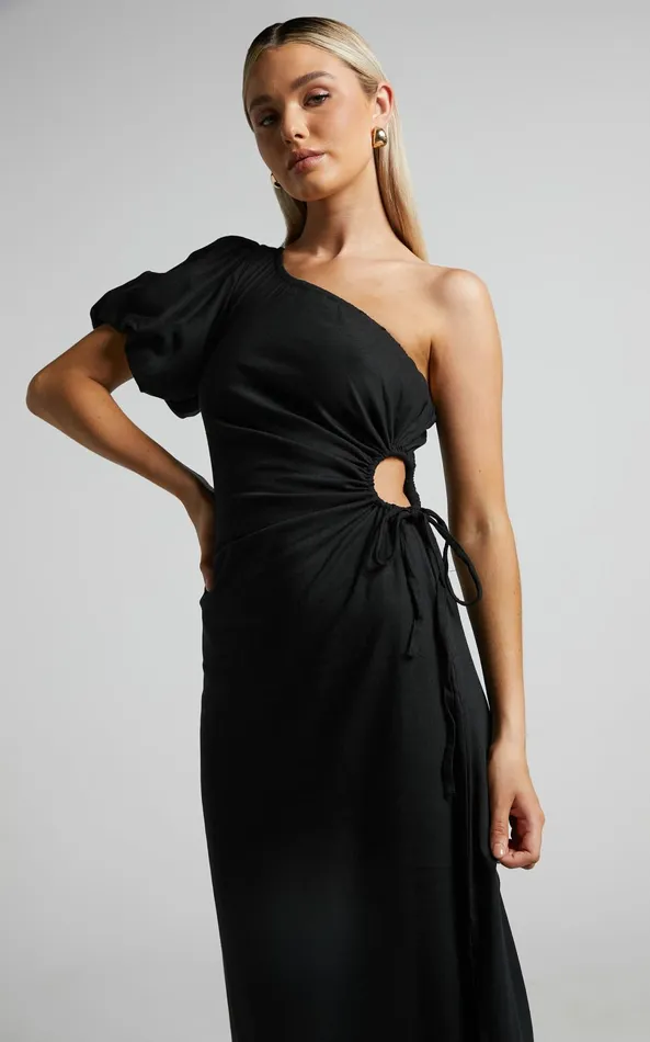 Showpo Victoria Midi Dress 8211 Linen Look One Shoulder Puff Sleeve Cut Out Dress In Black Women Dresses Showpo Victoria Midi Dress 8211 Linen Look One Shoulder Puff Sleeve Cut Out Dress In Black Women Dresses