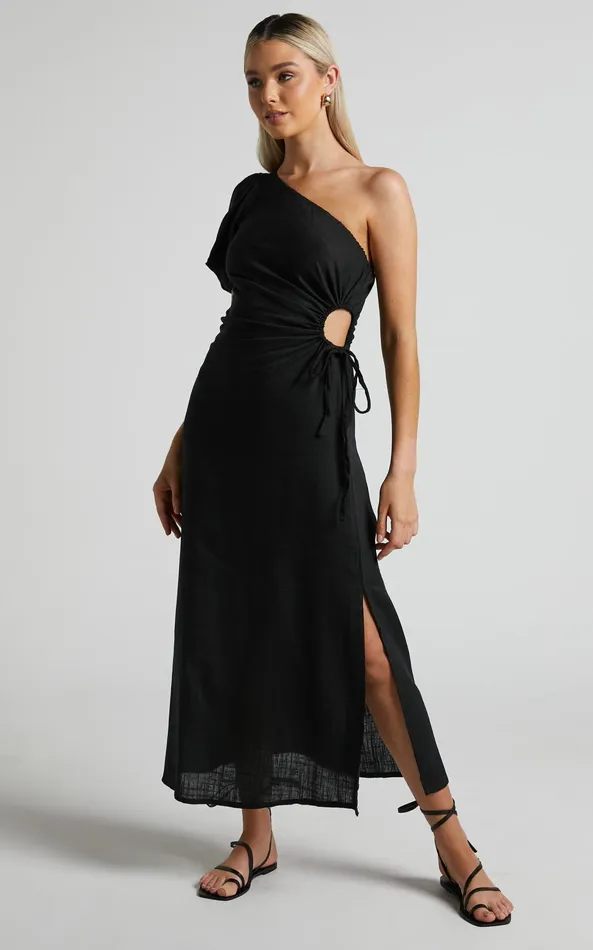 Showpo Victoria Midi Dress 8211 Linen Look One Shoulder Puff Sleeve Cut Out Dress In Black Women Dresses Showpo Victoria Midi Dress 8211 Linen Look One Shoulder Puff Sleeve Cut Out Dress In Black Women Dresses
