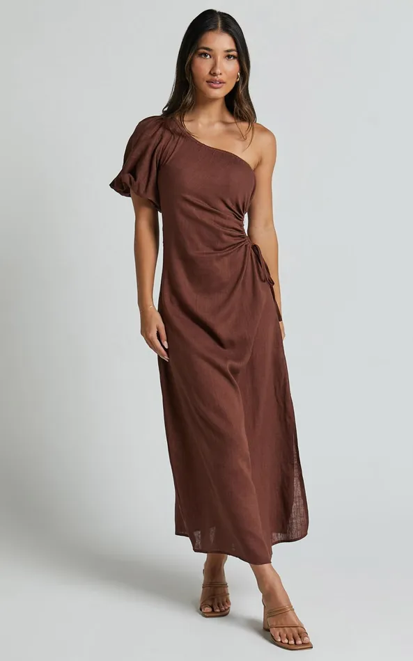Showpo Victoria Midi Dress 8211 Linen Look One Shoulder Puff Sleeve Cut Out Dress In Chocolate Women Dresses Showpo Victoria Midi Dress 8211 Linen Look One Shoulder Puff Sleeve Cut Out Dress In Chocolate Women Dresses