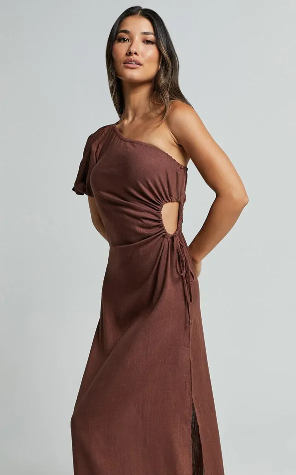 Showpo Victoria Midi Dress 8211 Linen Look One Shoulder Puff Sleeve Cut Out Dress In Chocolate Women Dresses